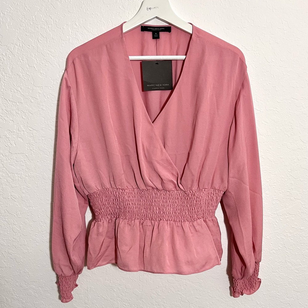 Marc New York V Neck Smocked Cuff Peplum Blouse
